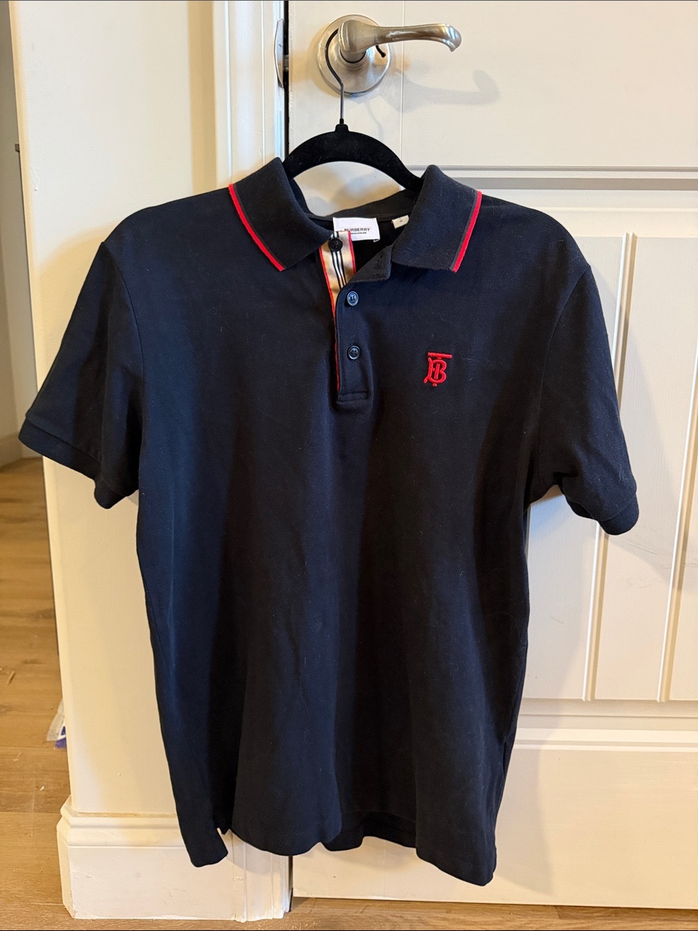 Burberry Black Polo with Red Accents and Beige Check Placket